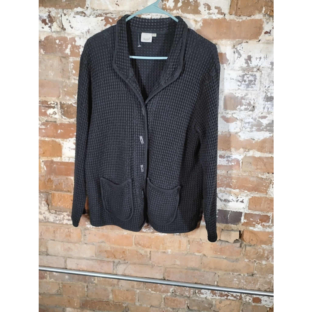 FOCUS Black Lagenlook Jacket Small Puffed Waffle Textured Weave Button Down Top